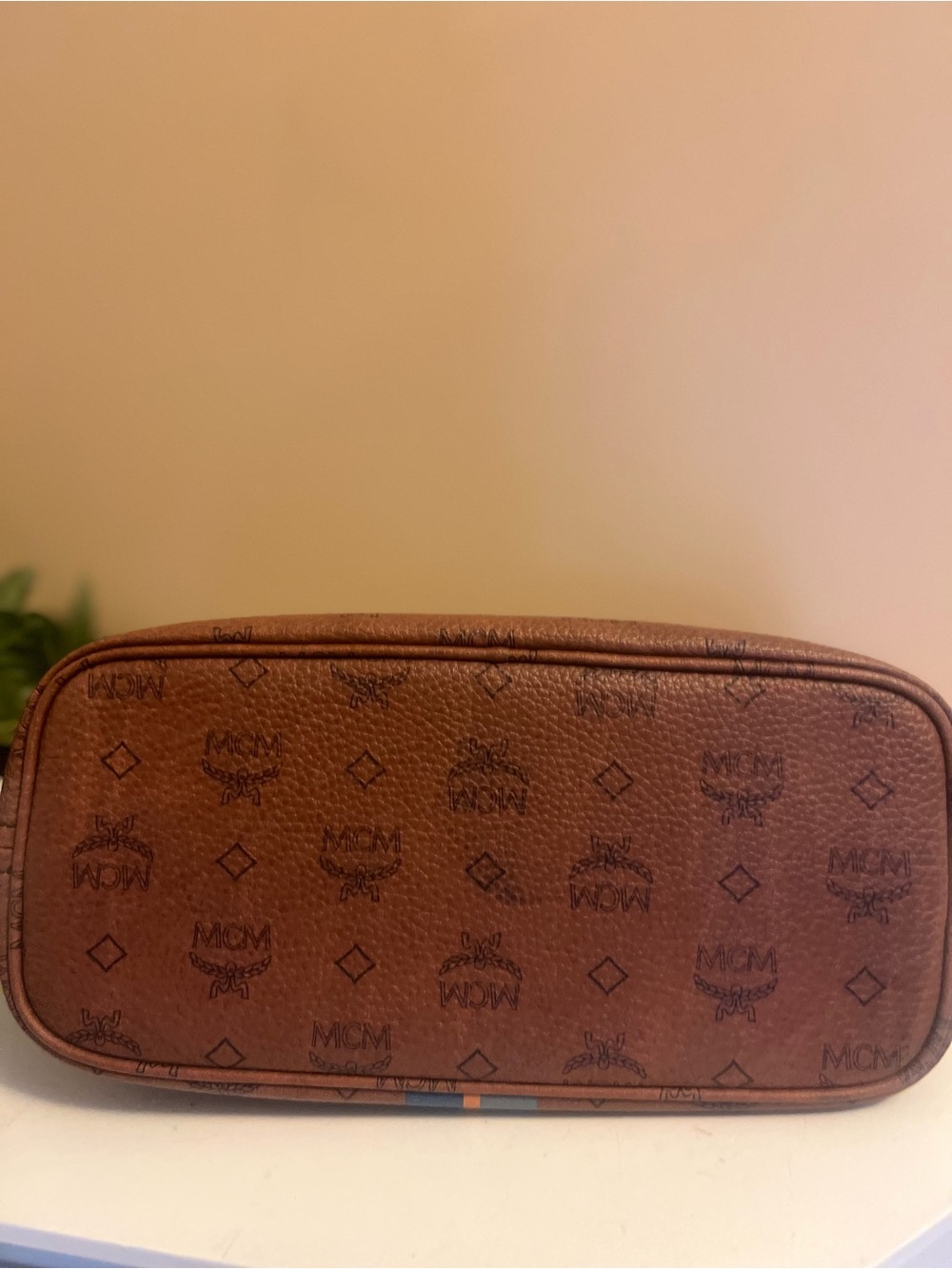 MCM Cognac Visetos Tote with Blue and Orange Stripe - Picture 3 of 12